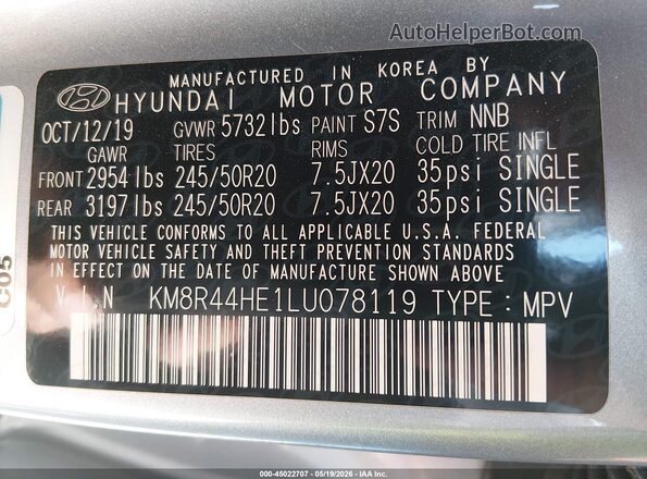 KM8R44HE1LU078119 2020 HYUNDAI PALISADE Silver Շարժիչի բաժամունքի տեսք
