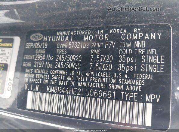 KM8R44HE2LU066691 2020 HYUNDAI PALISADE Gray Widok komory silnika