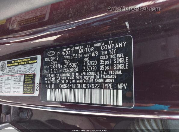 KM8R44HE3LU037622 2020 HYUNDAI PALISADE Burgundy Widok komory silnika