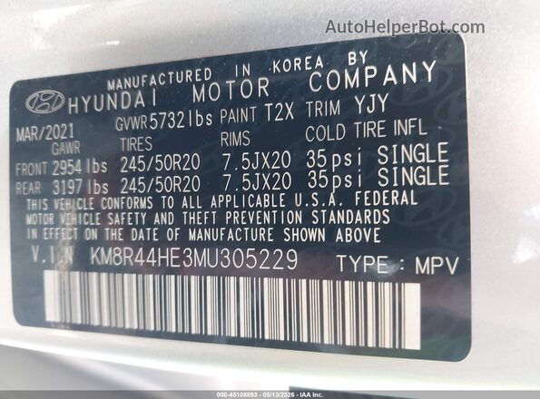 KM8R44HE3MU305229 2021 HYUNDAI PALISADE Silver ძრავის განყოფილების ხედი