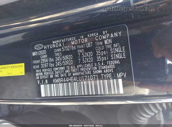 KM8R44HE4LU171071 2020 HYUNDAI PALISADE Черный Вид подкапотного пространства