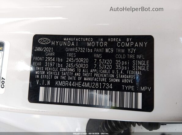KM8R44HE4MU281734 2021 HYUNDAI PALISADE White Շարժիչի բաժամունքի տեսք