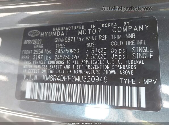 KM8R4DHE2MU320949 2021 HYUNDAI PALISADE Gray 