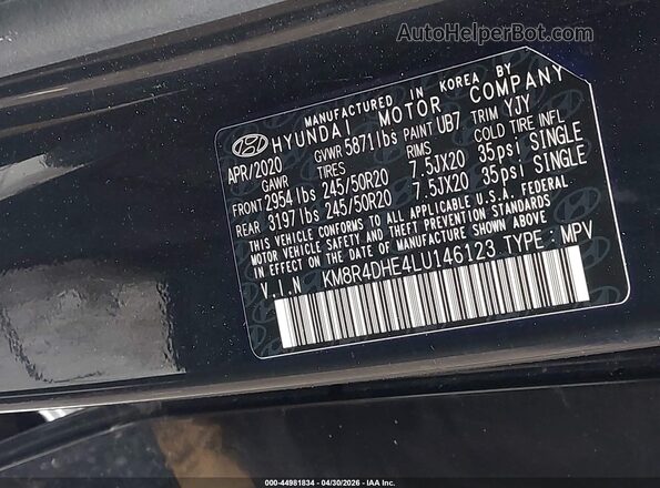 KM8R4DHE4LU146123 2020 HYUNDAI PALISADE Pewter 