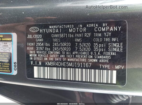 KM8R4DHE5MU191167 2021 HYUNDAI PALISADE Gray ძრავის განყოფილების ხედი