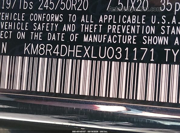 KM8R4DHEXLU031171 2020 HYUNDAI PALISADE Dark Blue 