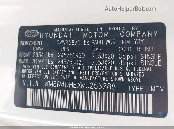 KM8R4DHEXMU253288 2021 HYUNDAI PALISADE White Widok komory silnika