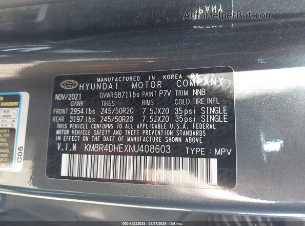 KM8R4DHEXNU408603 2022 HYUNDAI PALISADE Gray Շարժիչի բաժամունքի տեսք