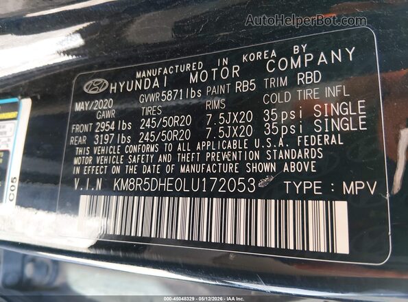 KM8R5DHE0LU172053 2020 HYUNDAI PALISADE Black Շարժիչի բաժամունքի տեսք