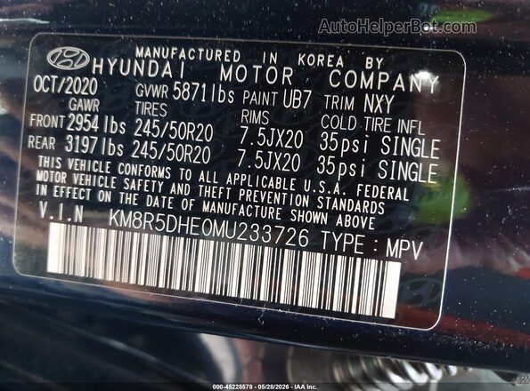 KM8R5DHE0MU233726 2021 HYUNDAI PALISADE Dark Blue Widok komory silnika
