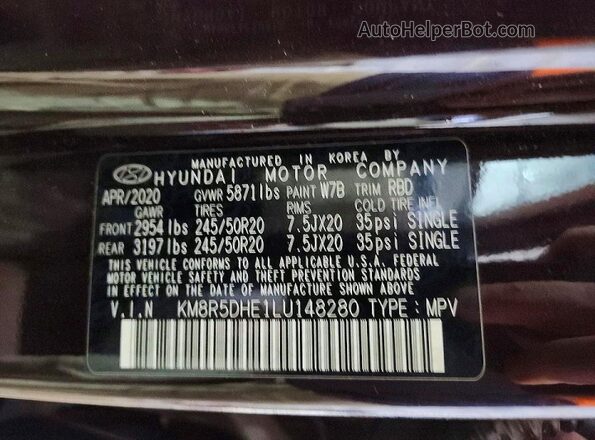 KM8R5DHE1LU148280 2020 HYUNDAI PALISADE Красный Вид наклейки с VIN-кодом