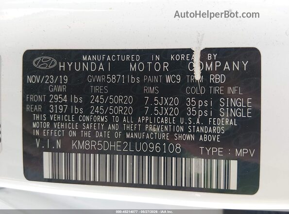 KM8R5DHE2LU096108 2020 HYUNDAI PALISADE Белый Вид подкапотного пространства