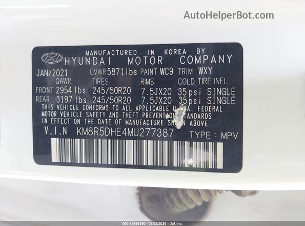 KM8R5DHE4MU277387 2021 HYUNDAI PALISADE White Շարժիչի բաժամունքի տեսք