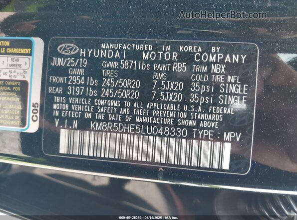 KM8R5DHE5LU048330 2020 HYUNDAI PALISADE Black Widok komory silnika