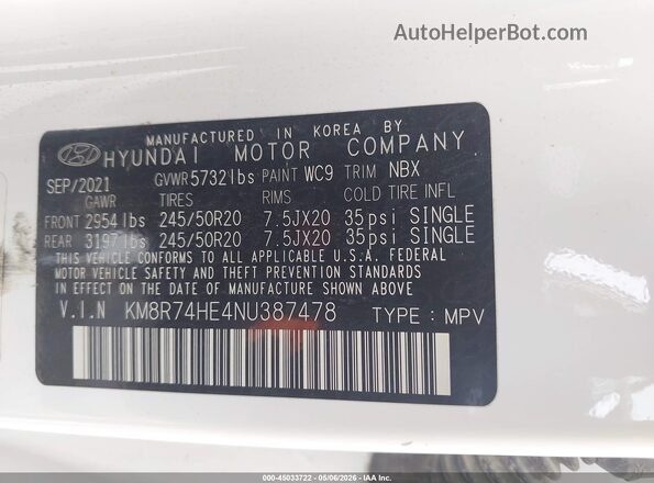 KM8R74HE4NU387478 2022 HYUNDAI PALISADE White Вид підкапотного простору