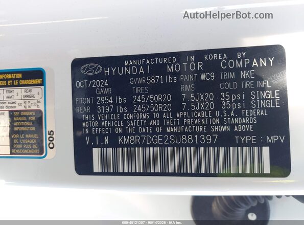 KM8R7DGE2SU881397 2025 HYUNDAI PALISADE White Engine compartment view