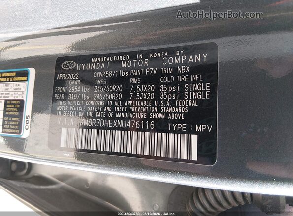 KM8R7DHEXNU476116 2022 HYUNDAI PALISADE Gray ძრავის განყოფილების ხედი
