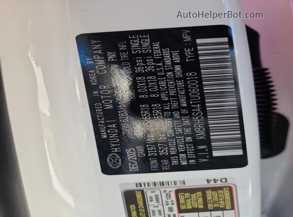 KM8RH5SA4TU060018 2026 HYUNDAI PALISADE White VIN კოდის სტიკერის ხედი