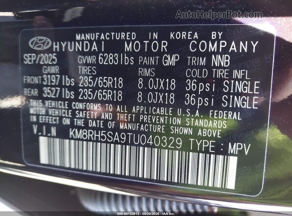 KM8RH5SA9TU040329 2026 HYUNDAI PALISADE HEV Burgundy ძრავის განყოფილების ხედი