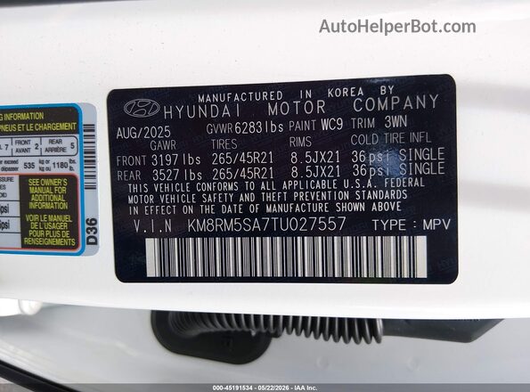 KM8RM5SA7TU027557 2026 HYUNDAI PALISADE HEV White ძრავის განყოფილების ხედი