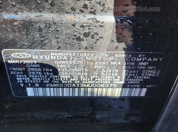 KM8S3DA13MU008375 2021 HYUNDAI SANTA Black Панорамний вид салону 360°