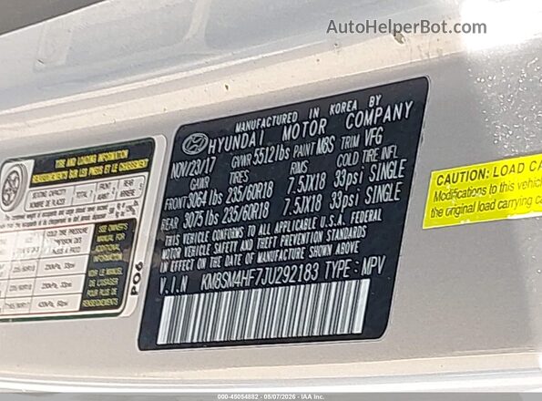 KM8SM4HF7JU292183 2018 HYUNDAI SANTA FE Silver ძრავის განყოფილების ხედი
