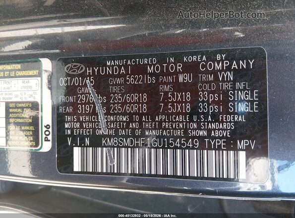 KM8SMDHF1GU154549 2016 HYUNDAI SANTA FE Black Vista del compartimento del motor