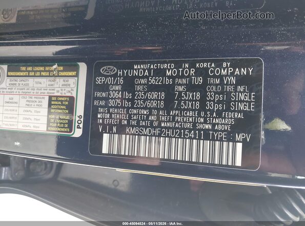 KM8SMDHF2HU215411 2017 HYUNDAI SANTA FE Синий Вид подкапотного пространства