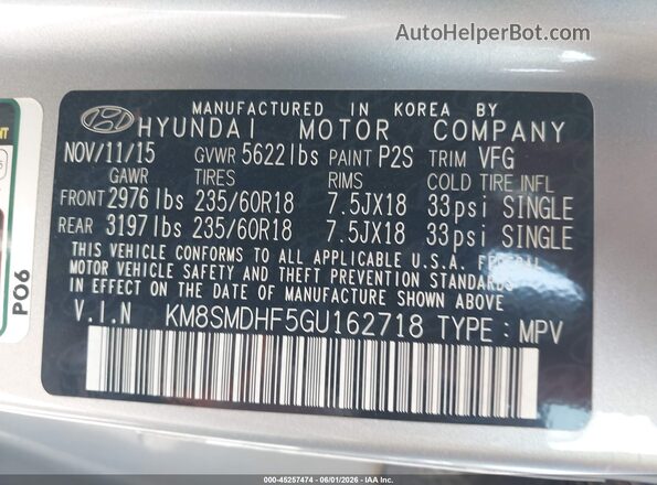 KM8SMDHF5GU162718 2016 HYUNDAI SANTA FE Silver Շարժիչի բաժամունքի տեսք
