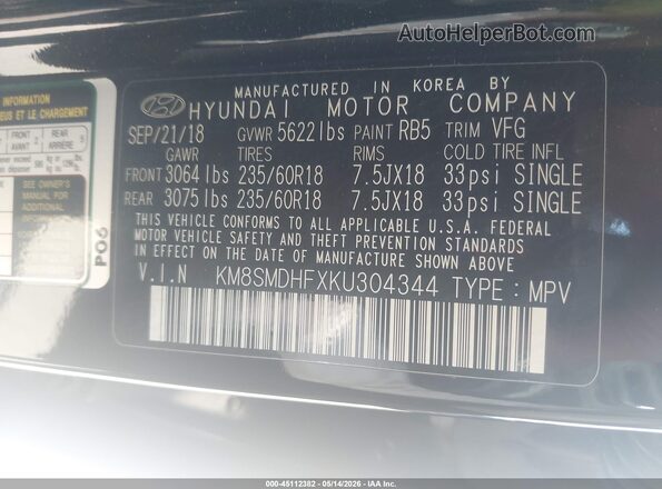 KM8SMDHFXKU304344 2019 HYUNDAI SANTA FE XL Black Engine compartment view