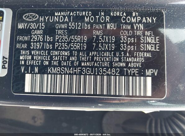 KM8SN4HF3GU135482 2016 HYUNDAI SANTA FE Gray Widok komory silnika