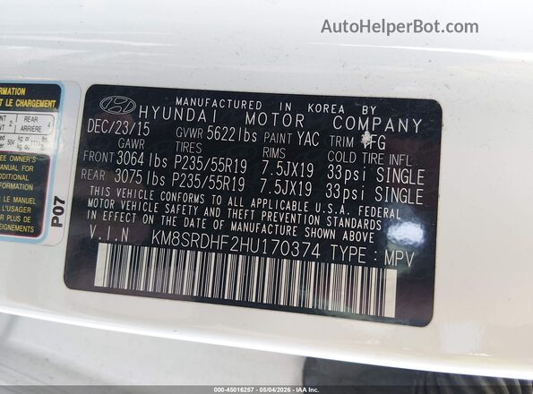 KM8SRDHF2HU170374 2017 HYUNDAI SANTA FE Белый 