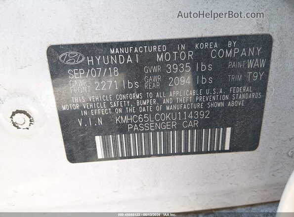 KMHC65LC0KU114392 2019 HYUNDAI IONIQ HYBRID White 