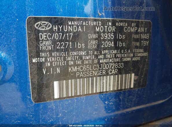 KMHC65LC3JU072833 2018 HYUNDAI IONIQ HYBRID Blue Widok komory silnika