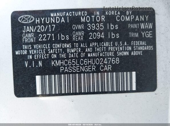 KMHC65LC6HU024768 2017 HYUNDAI IONIQ HYBRID Белый Вид подкапотного пространства