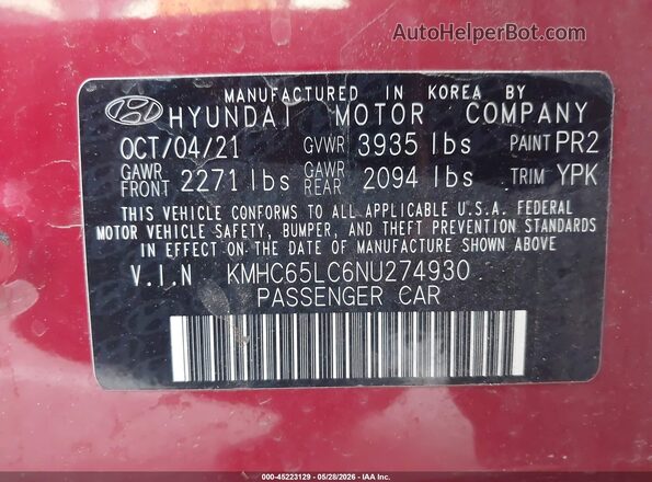 KMHC65LC6NU274930 2022 HYUNDAI IONIQ HYBRID Red Widok komory silnika