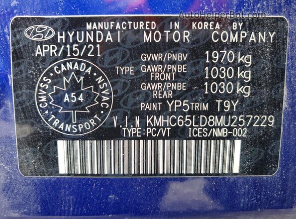 KMHC65LD8MU257229 2021 HYUNDAI IONIQ Blue 