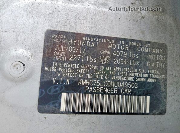 KMHC75LC0HU049503 2017 HYUNDAI IONIQ Серебряный 