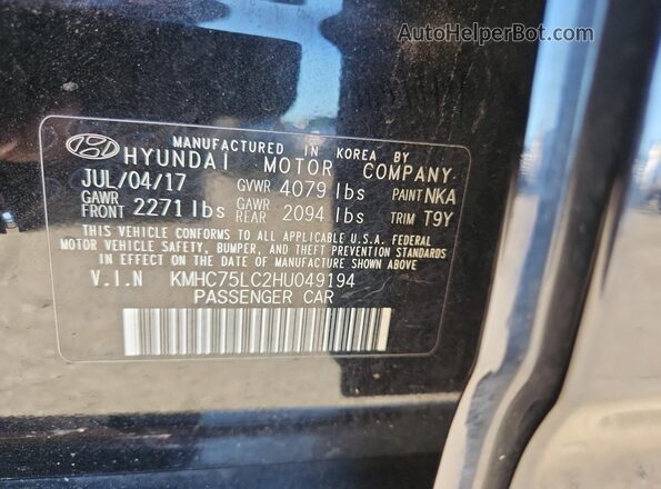KMHC75LC2HU049194 2017 HYUNDAI IONIQ Black VIN კოდის სტიკერის ხედი