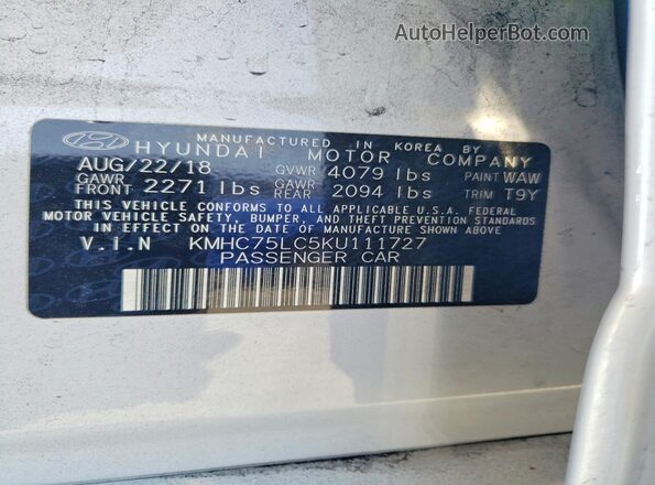 KMHC75LC5KU111727 2019 HYUNDAI IONIQ White 