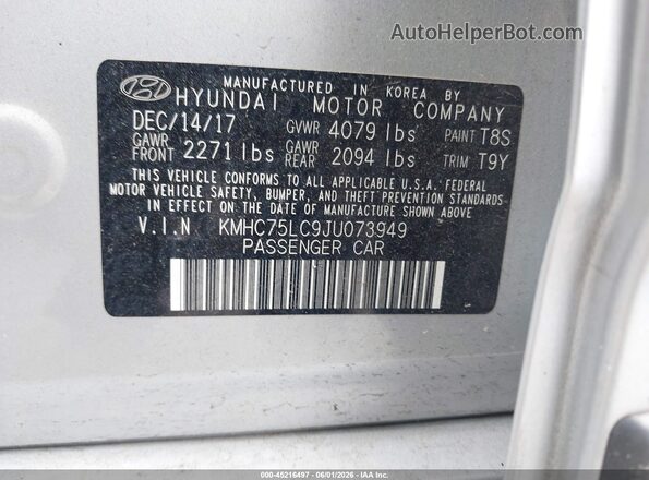 KMHC75LC9JU073949 2018 HYUNDAI IONIQ HYBRID Silver Вид підкапотного простору