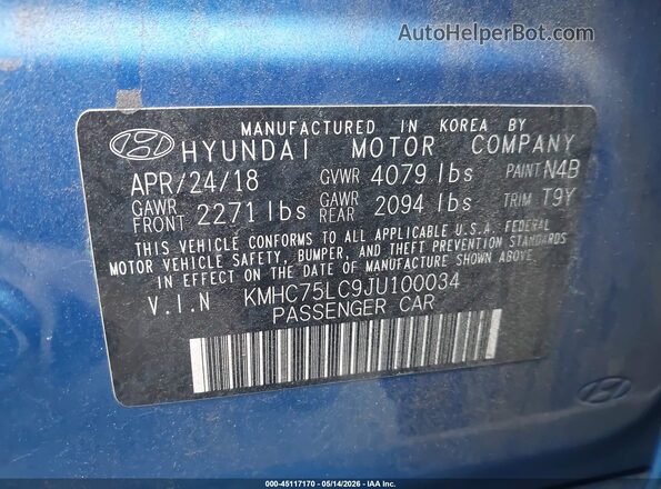 KMHC75LC9JU100034 2018 HYUNDAI IONIQ HYBRID Blue Widok komory silnika