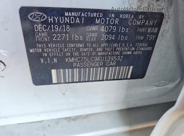KMHC75LC9KU139532 2019 HYUNDAI IONIQ White 