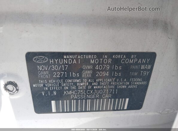 KMHC75LCXJU071711 2018 HYUNDAI IONIQ HYBRID White Շարժիչի բաժամունքի տեսք