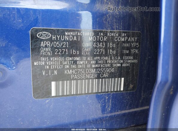 KMHC75LD3MU255904 2021 HYUNDAI IONIQ PLUG-IN HYBRID Blue Vista del compartimento del motor