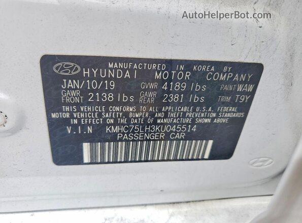 KMHC75LH3KU045514 2019 HYUNDAI IONIQ White 