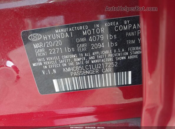 KMHC85LC1LU217252 2020 HYUNDAI IONIQ HYBRID Red Engine compartment view