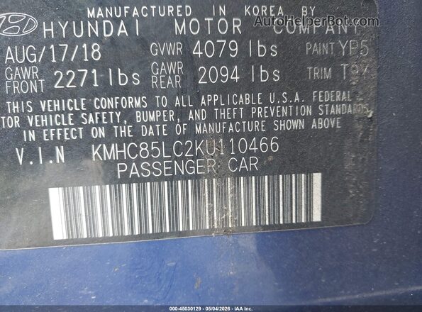 KMHC85LC2KU110466 2019 HYUNDAI IONIQ HYBRID Blue ძრავის განყოფილების ხედი