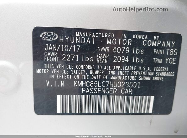 KMHC85LC7HU023591 2017 HYUNDAI IONIQ HYBRID Silver Vista del compartimento del motor
