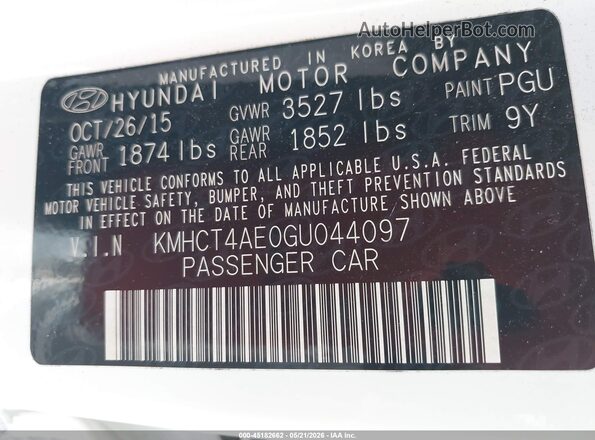 KMHCT4AE0GU044097 2016 HYUNDAI ACCENT White ძრავის განყოფილების ხედი